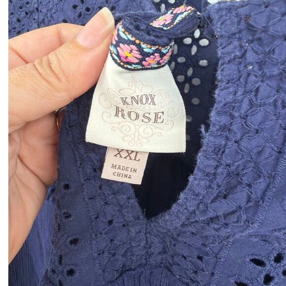 Knox Rose Eyelet Boho Womens Top Sz 2XL Navy Peasant Gauzy Smocked Cottagecore - Picture 7 of 8